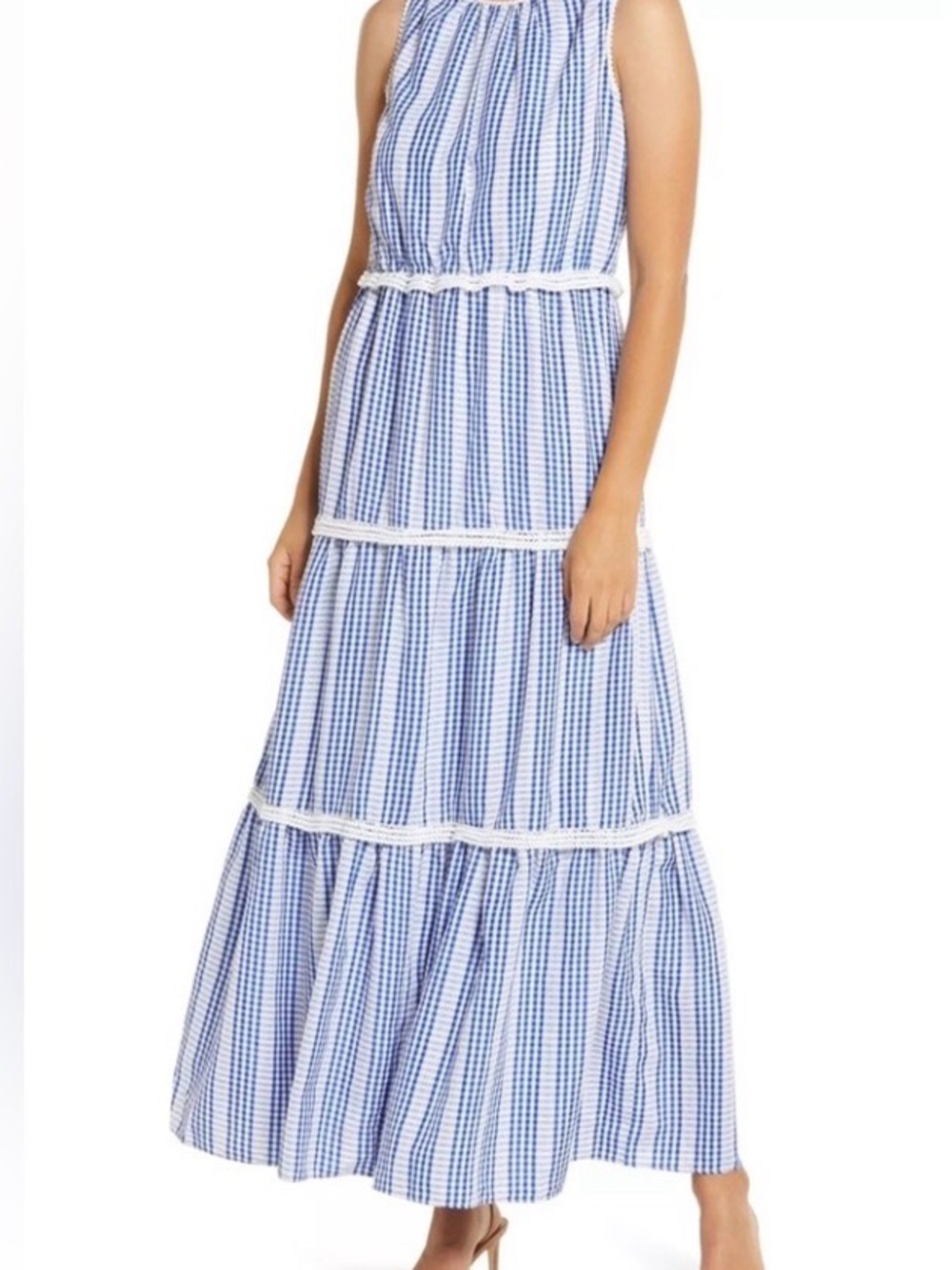 JULIA JORDAN Blue & White Gingham Tiered Maxi Dress SZ 6 EUC $128